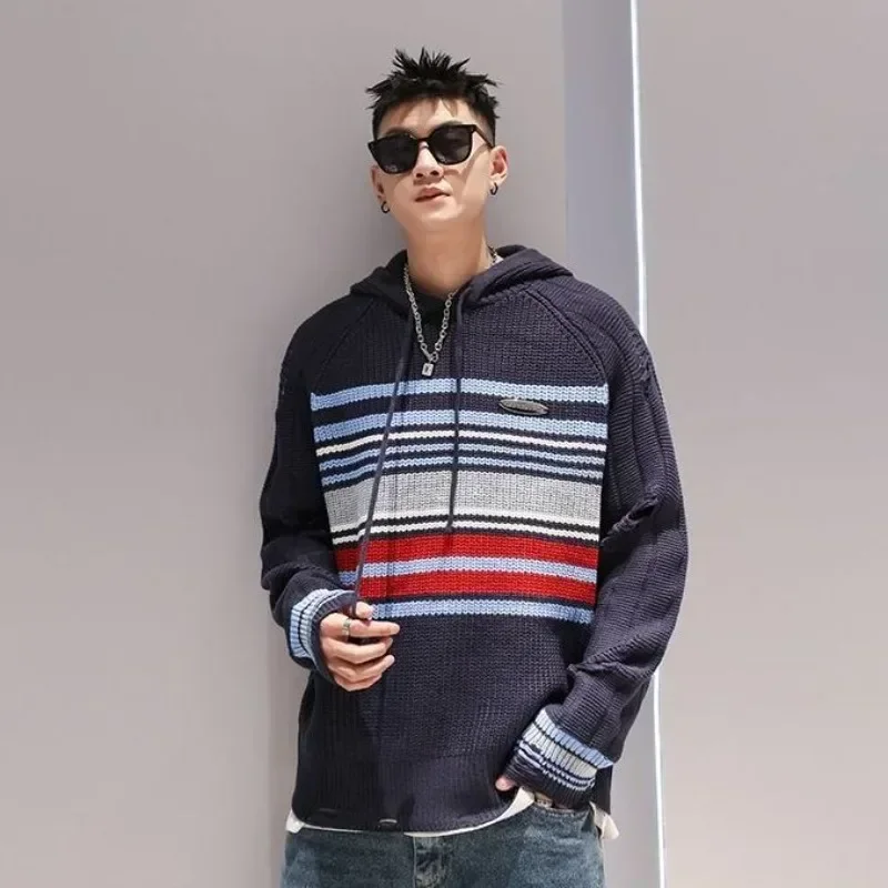 

Man Clothes Aesthetic Pullovers Knitted Sweaters for Men Icon Hoodies Torn with Holes Striped Red Sweat-shirt Fashion 2024 Meme