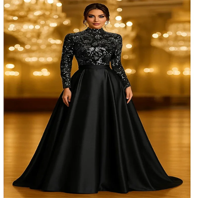 A-Line Floor Length Evening Gown Ball Gown Formal Dress Elegant Vintage Glittering Long Sleeve High Neck Formal Wedding Pocket