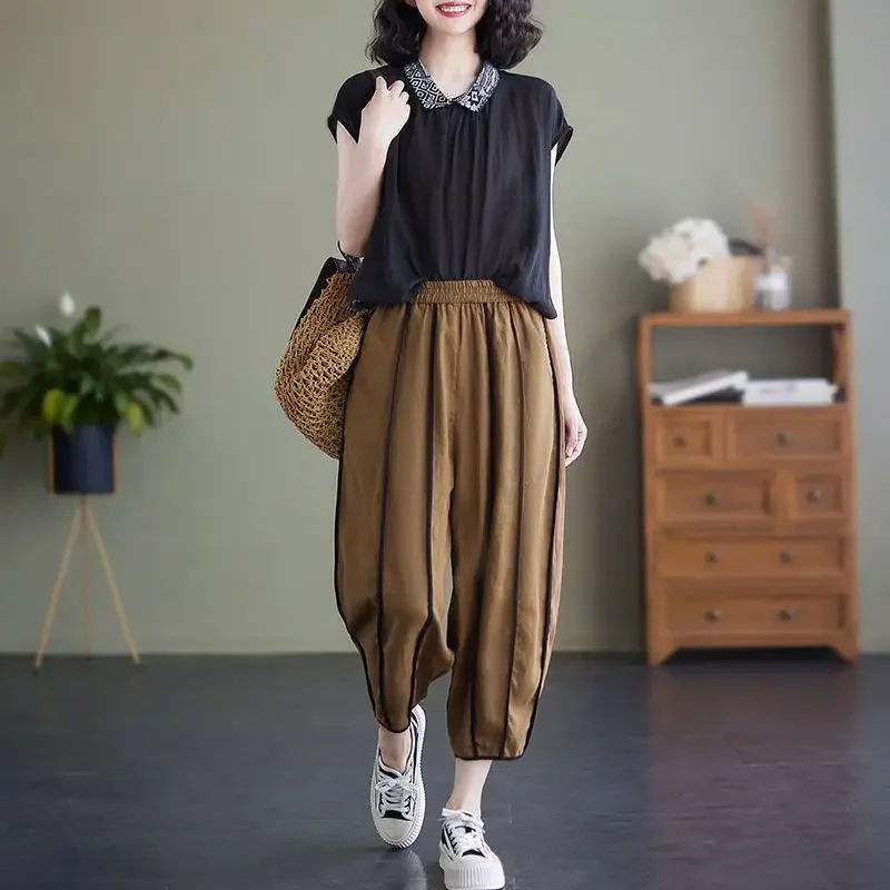 Vintage Harem Pants Women Baggy Spliced Pantalones Temper Classical Aesthetics Tradition Chinese Style Chic Trousers Summer Ins