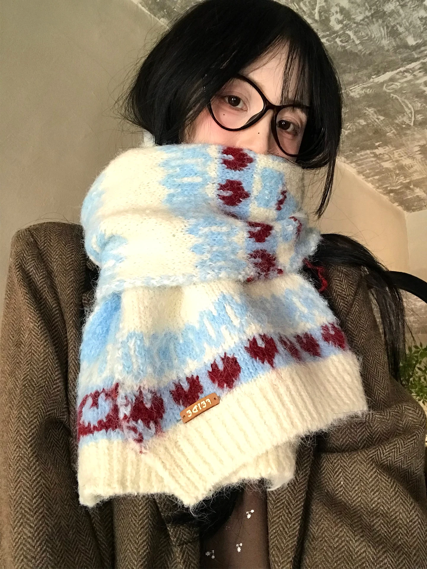 Thickened Knitted Scarf Women's Winter Warm Neck Protection Retro Fair Isle Style Korean Version Long Rectangle Wool Scarf
