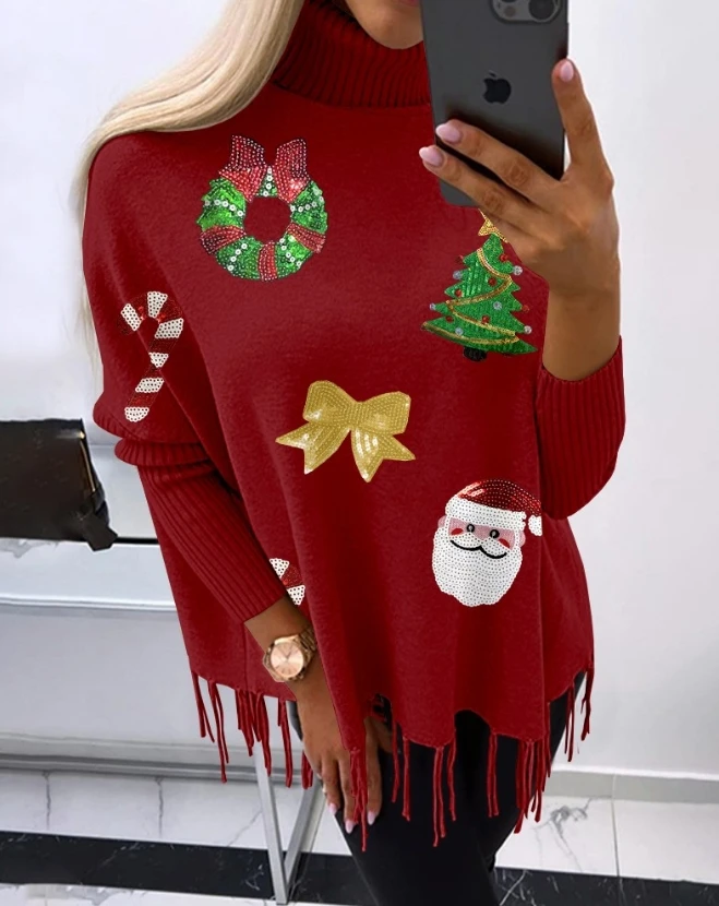 

Women's Sweater 2023 Winter New Casual High Neck Tassel Pullover Santa Claus Floral Pattern Contrast Sequins