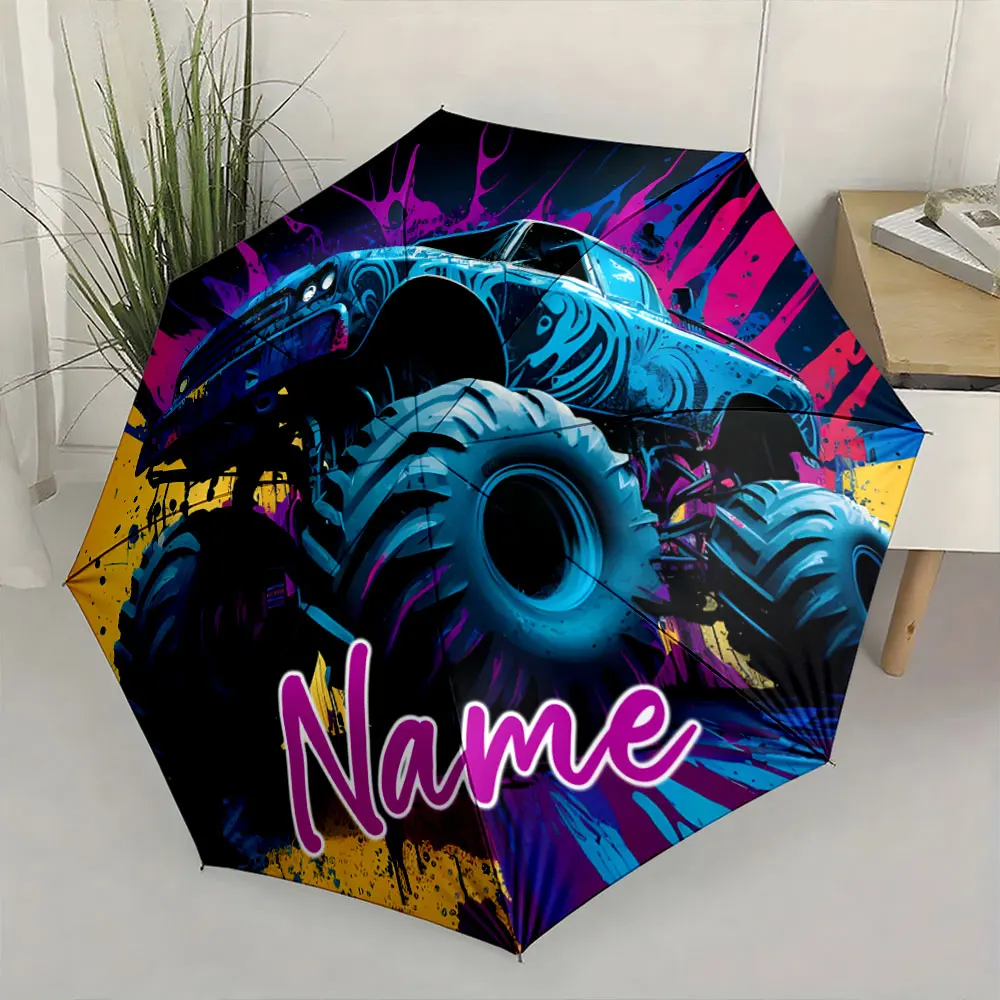 Custom Name Monster Truck Graphic Umbrella for Outdoor Adventures Print 8 Iron Ribs Folding Umbrella Auto-Open Fashion Sunshade
