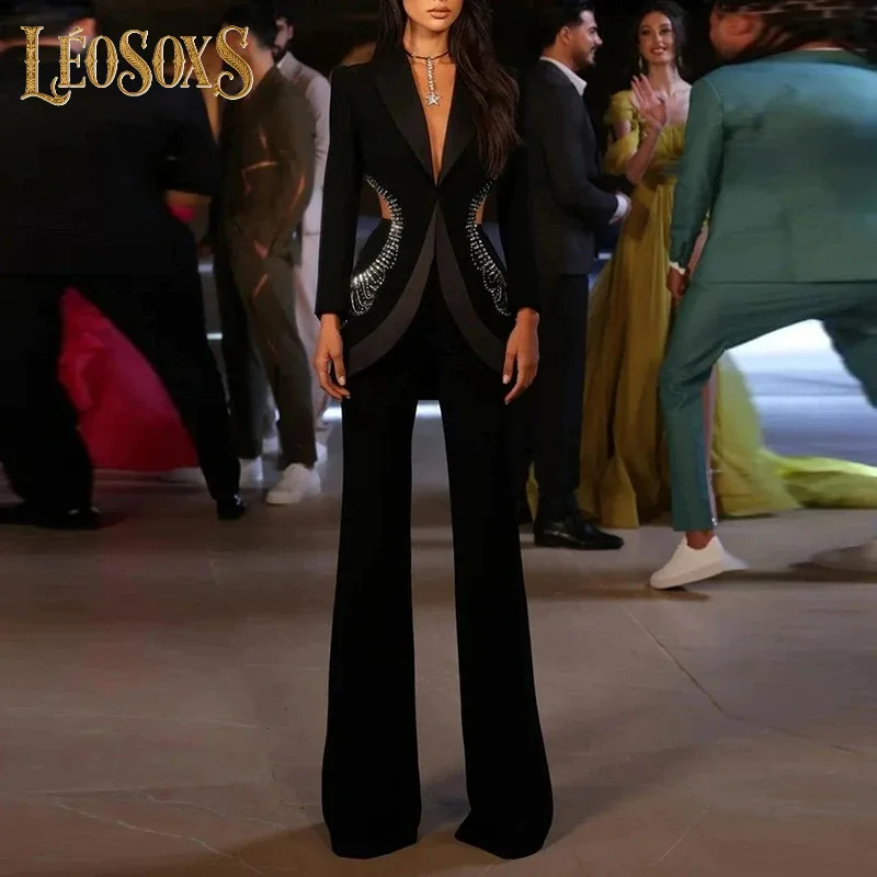 LEOSOXSSummer New Fashionable And Personalized Hollow Diamond Hot Stamping Women Long Sleeved Suit Jacket Long Pants Set TwoPiec
