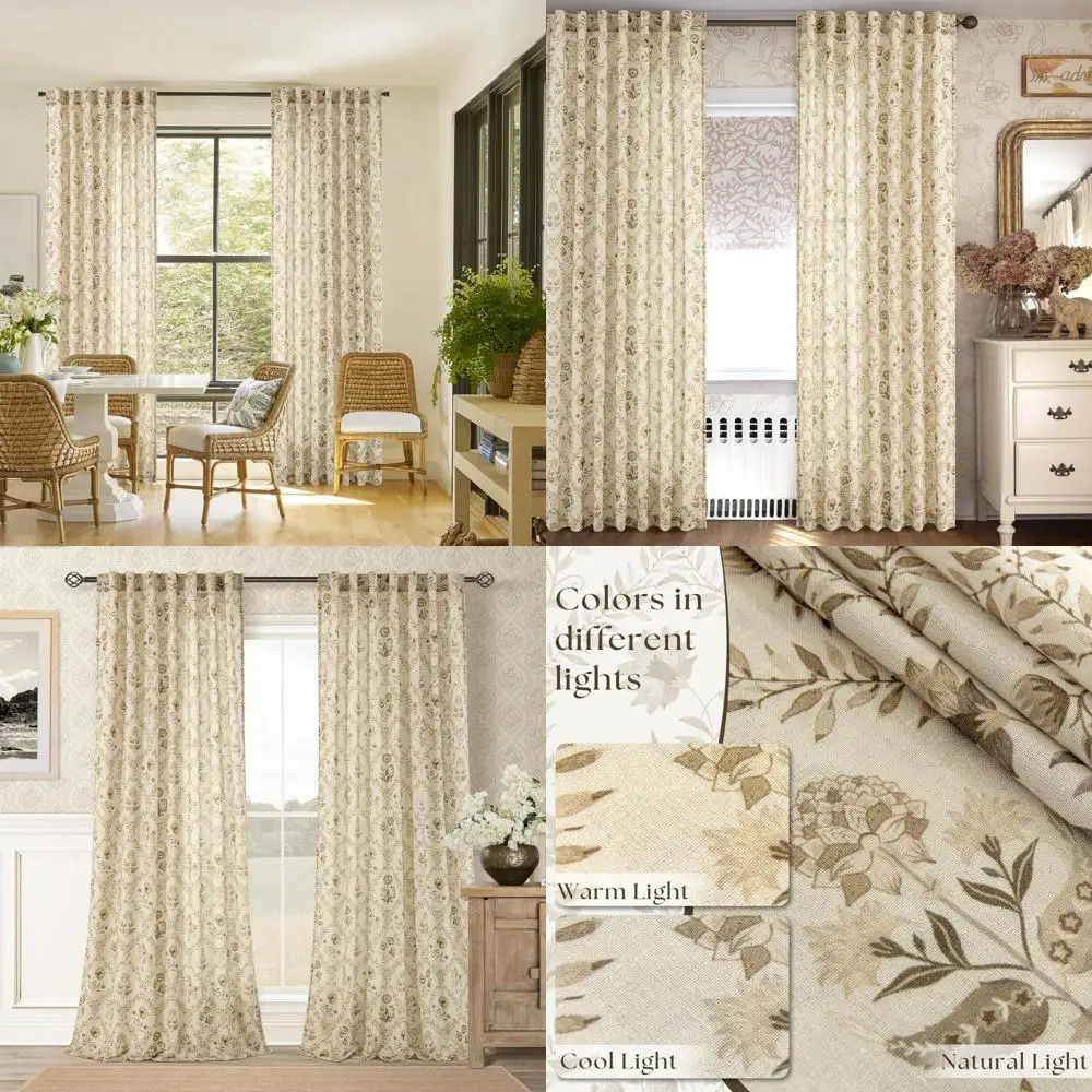 

Neutral Tan Brown Linen Curtains with Floral Pattern, 102 Back Tab, Light Filtering for Farmhouse Living & Dining Rooms