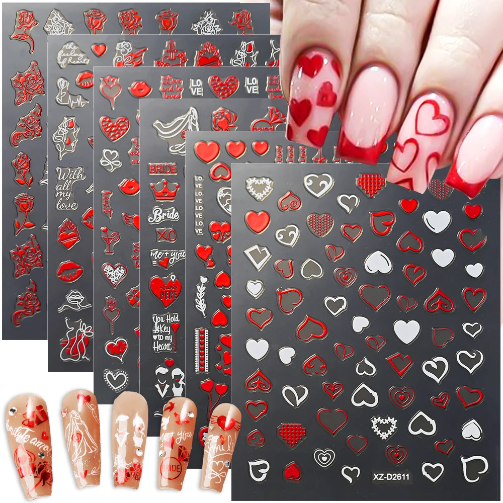 1pcs 3D Valentine's Day Nail Art Stickers Self-Adhesive Sparkle Finish with Cute Cartoon Designs for Women & Girls Nail Supplies