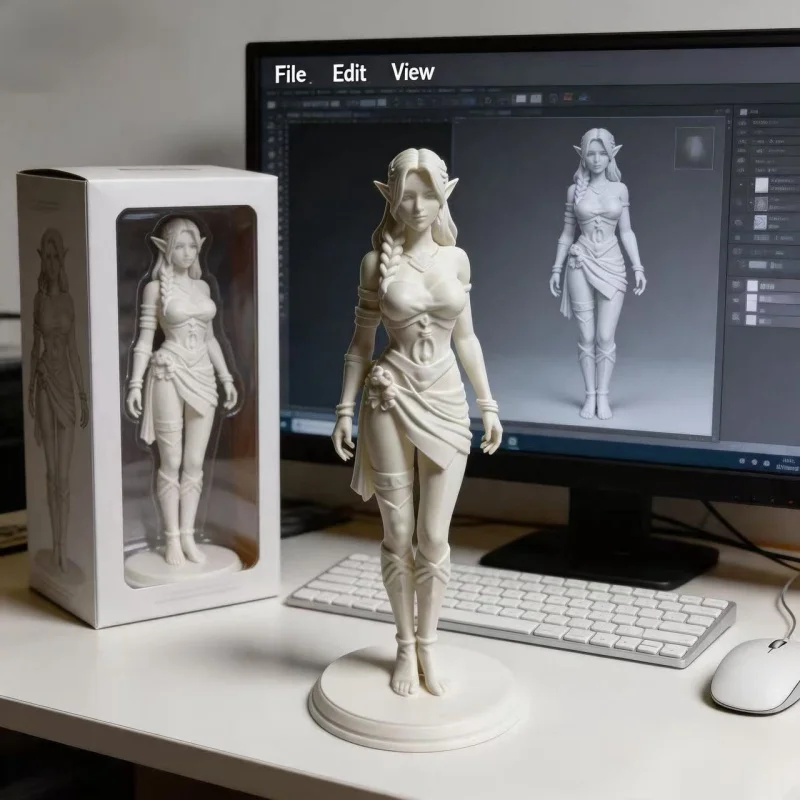 3D printed fantasy female sculpture uncolored white mold original character decoration, desktop decoration, hand drawn DIY gift