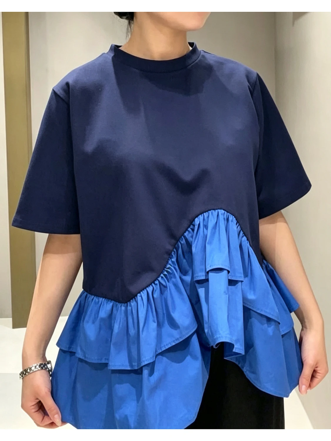 Casual Contrast Color Splicing Short Sleeve round Neck T-Shirt Women's High Waist Standard Version Cake Style Top Summer Design
