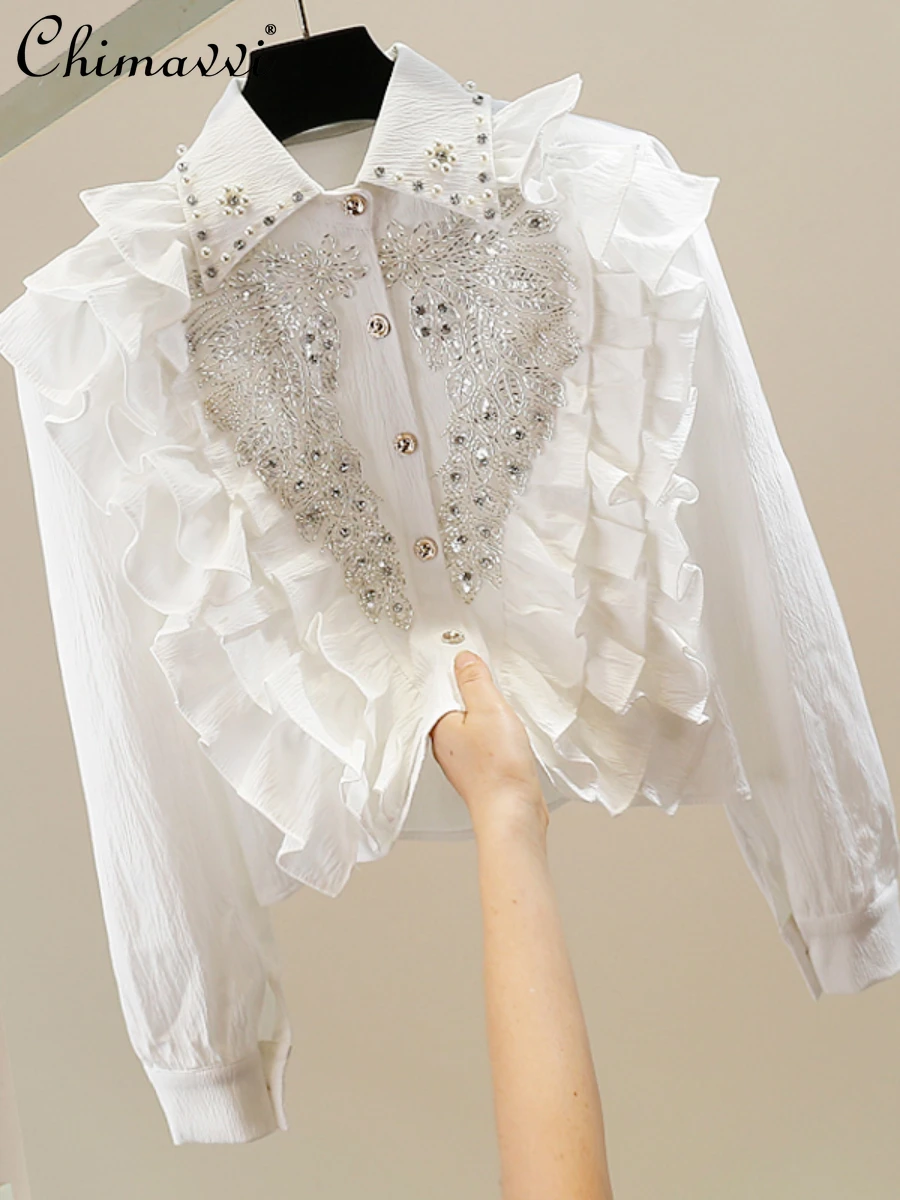 

Exquisite Rhinestone Ruffled Stitching Long-Sleeved Shirt 2023 Autumn Clothes New Fashionable Slim-Fit Short Blouse Women's Top