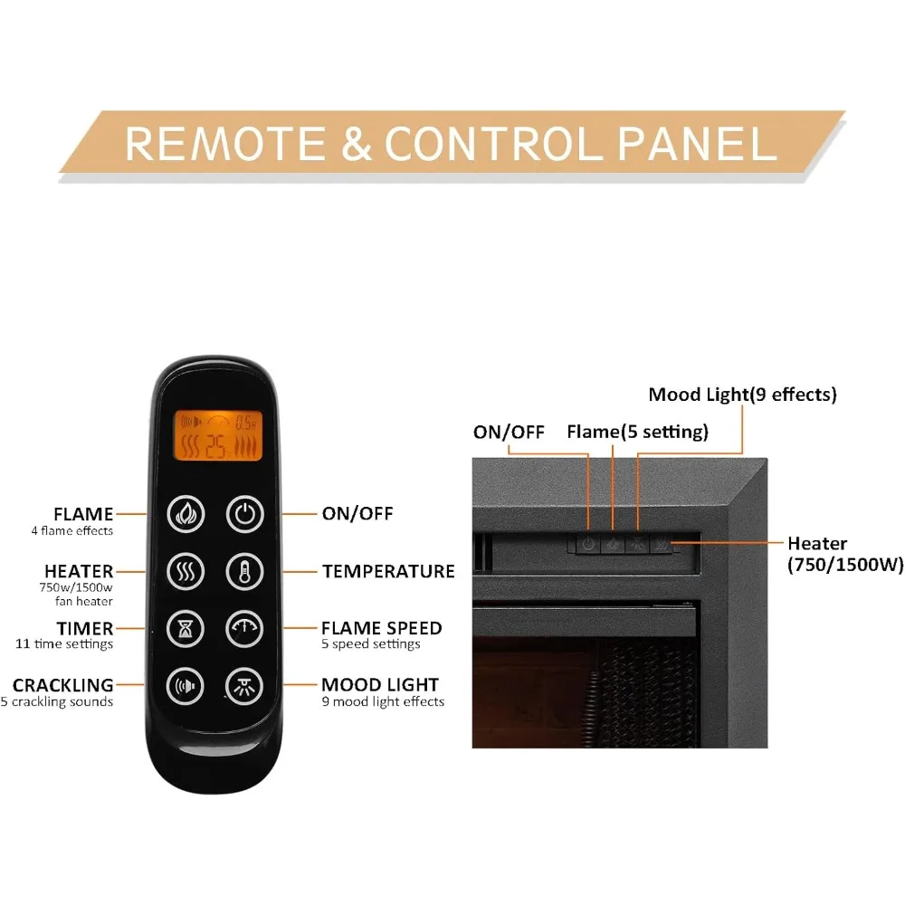 Inserto per caminetto elettrico Damon 35W - Calore regolabile 750/1500W, porta in vetro e schermo a rete