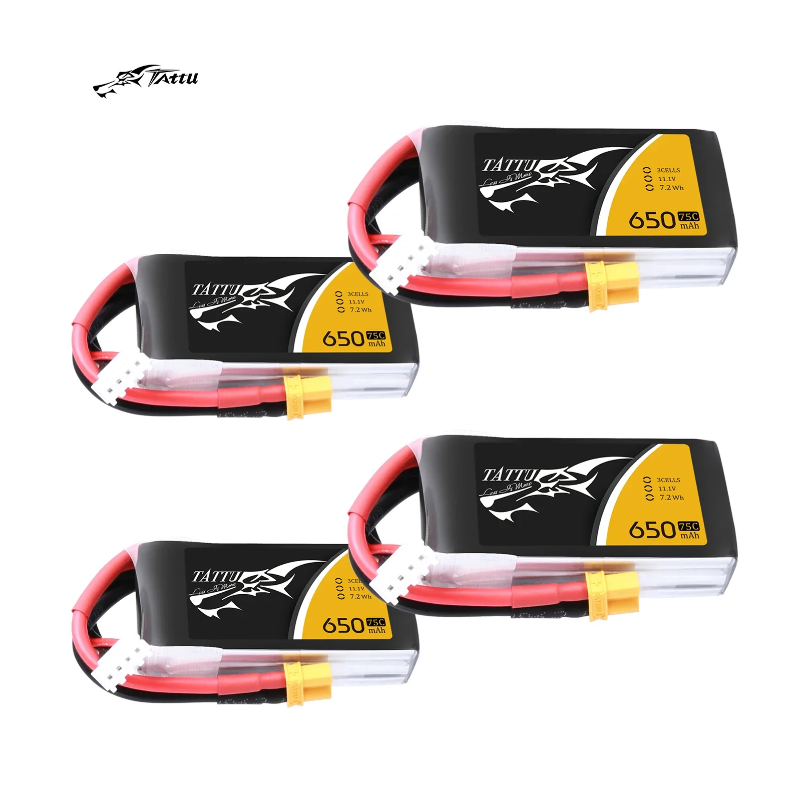 

4Pack Tattu 650mAh 11.1V 3S 75C Lipo Battery Pack with XT30 Plug For Drone FPV Racing RC Quadcopter 130 Models Winter Indoor FPV