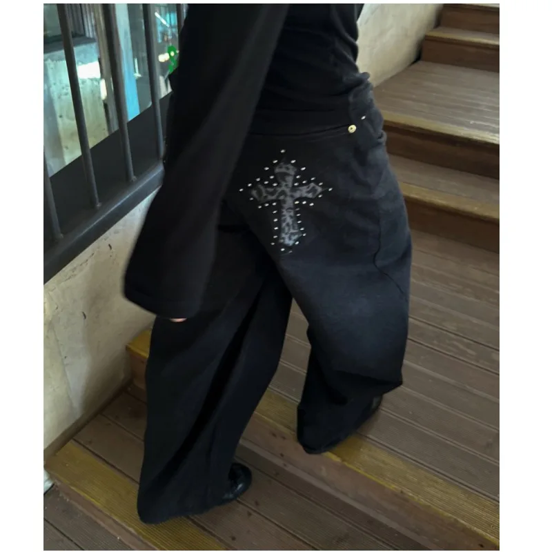 

Casual High Waist Wide Leg Jeans Women's Floor Length Pants Pocket Workwear Style Loose Fit Black Cotton Denim No Stretch