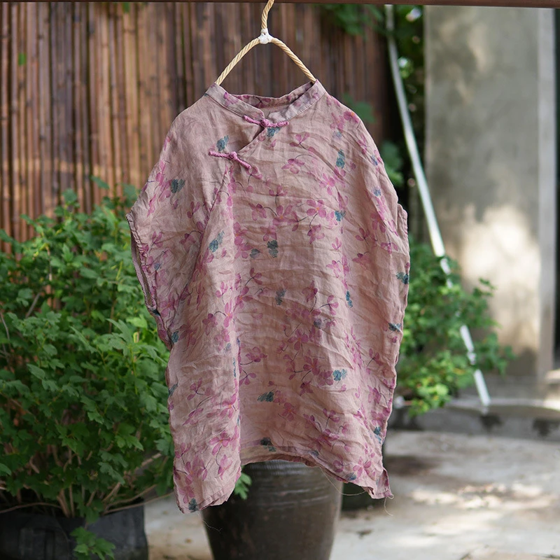 Chinese Style Women Casual Linen T-shirts New Arrival 2025 Summer Vintage Mandarin Collar Floral Print Female Tops Tees M1761