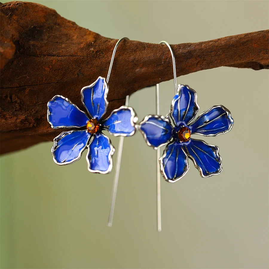 Exquisite Blooming Blue Flower Long Hook Earrings for Women, Fine Jewelry, Orange Crystal, Wedding, Engagement, Gift