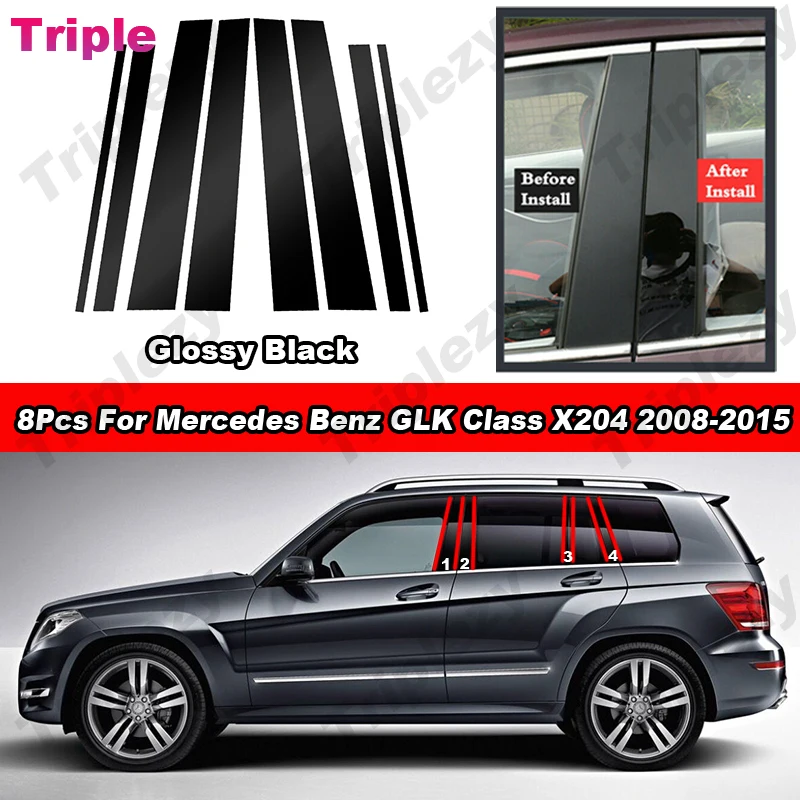 8Pcs Glossy Black Pillar Post Cover Door Trim Carbon Fiber Window Molding Sticker For Mercedes Benz GLK Class X204 2008-2015