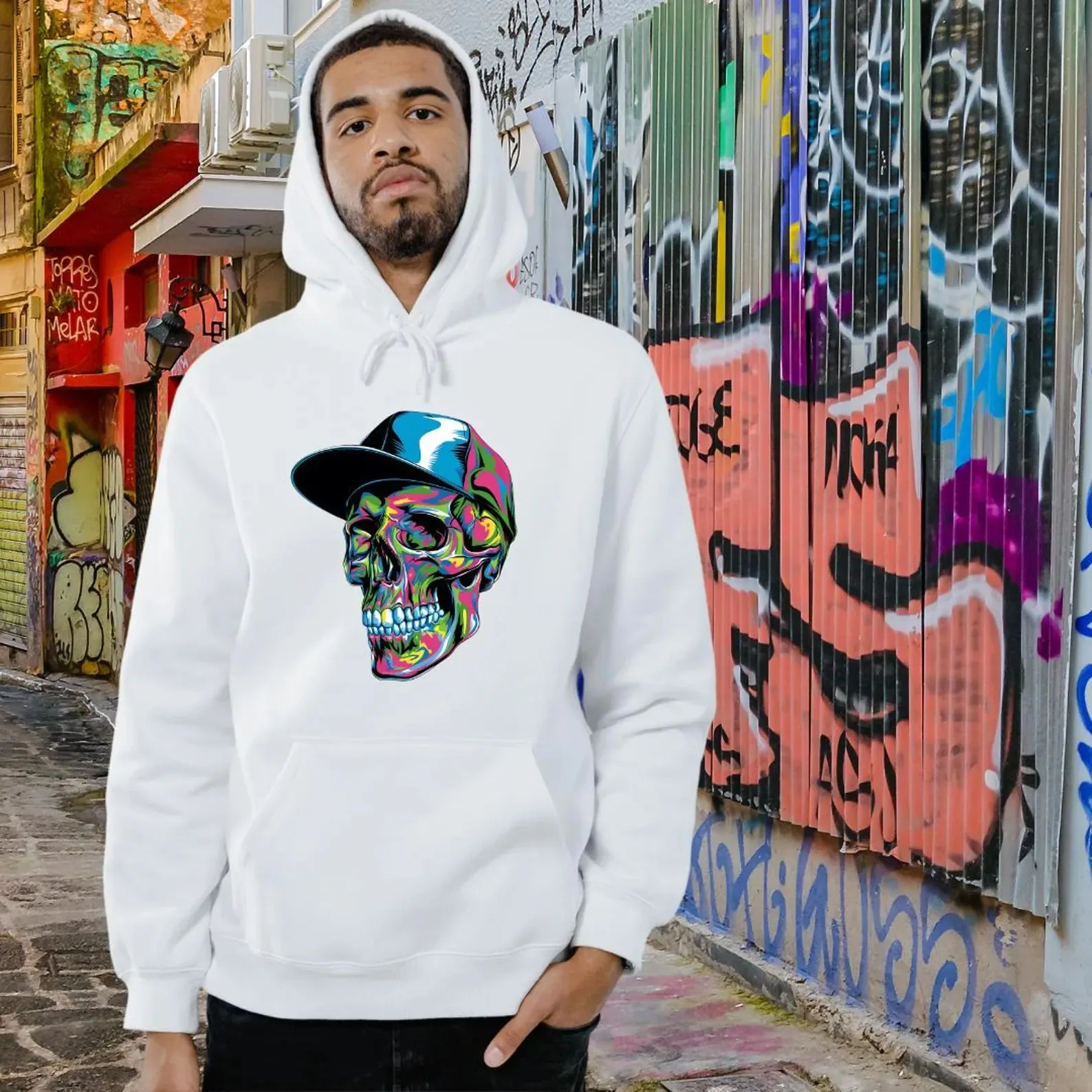 

Colorful Skull - Cap Printed Cotton Hoodie Unique and Trendy Sweatshirt To Showcase Your Individual Street Style