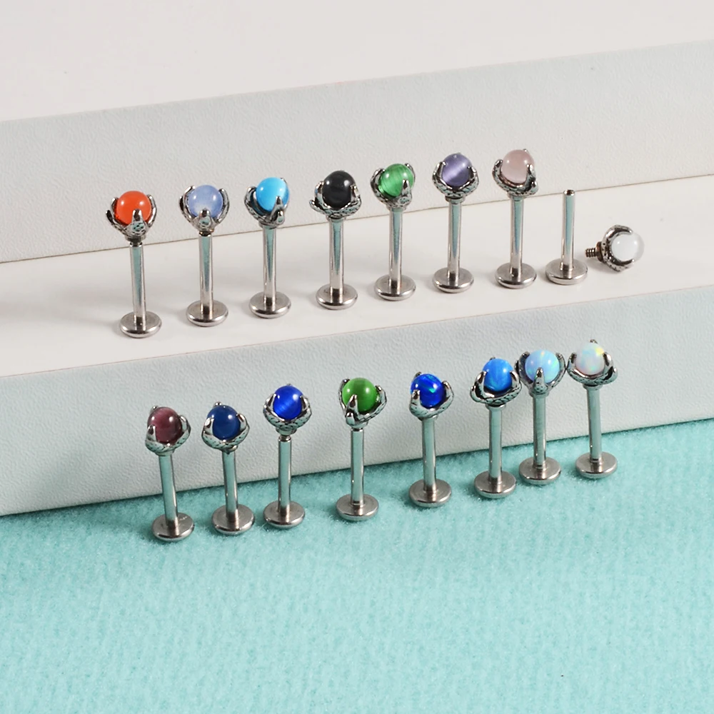 1PC 361L Surgical Steel Dragon Claw With Opalite Center Labret Lip Ring Ear Cartilage Tragus Helix Piercing Screw Fit Top 16g