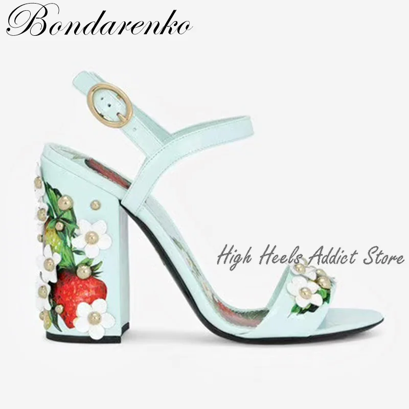 Embroidery Painted Heel  Ankle Strap Sandals for Women Flower Decor Floral Chunky Heel Sandals Calfskin Designer Brand Shoes