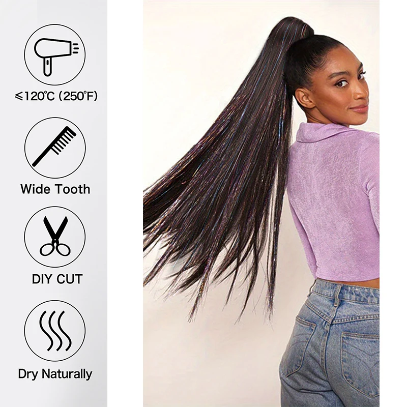 30inch Straight Drawstring Ponytail Hair Tinsel Extensions Synthetic Long Straight Clip in Pony Tail Black Fake Hair for Woman