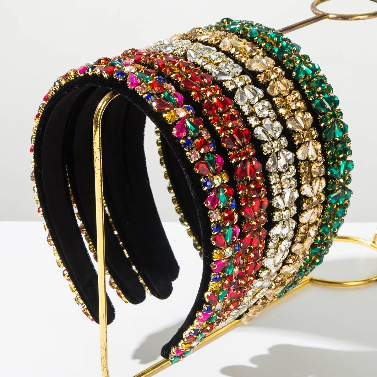 Women Luxury Rhinestone Headband, Colorful Crystal Beaded Wide Velvet Hair Hoop, Bridal Wedding Party Statement Hair Accessories