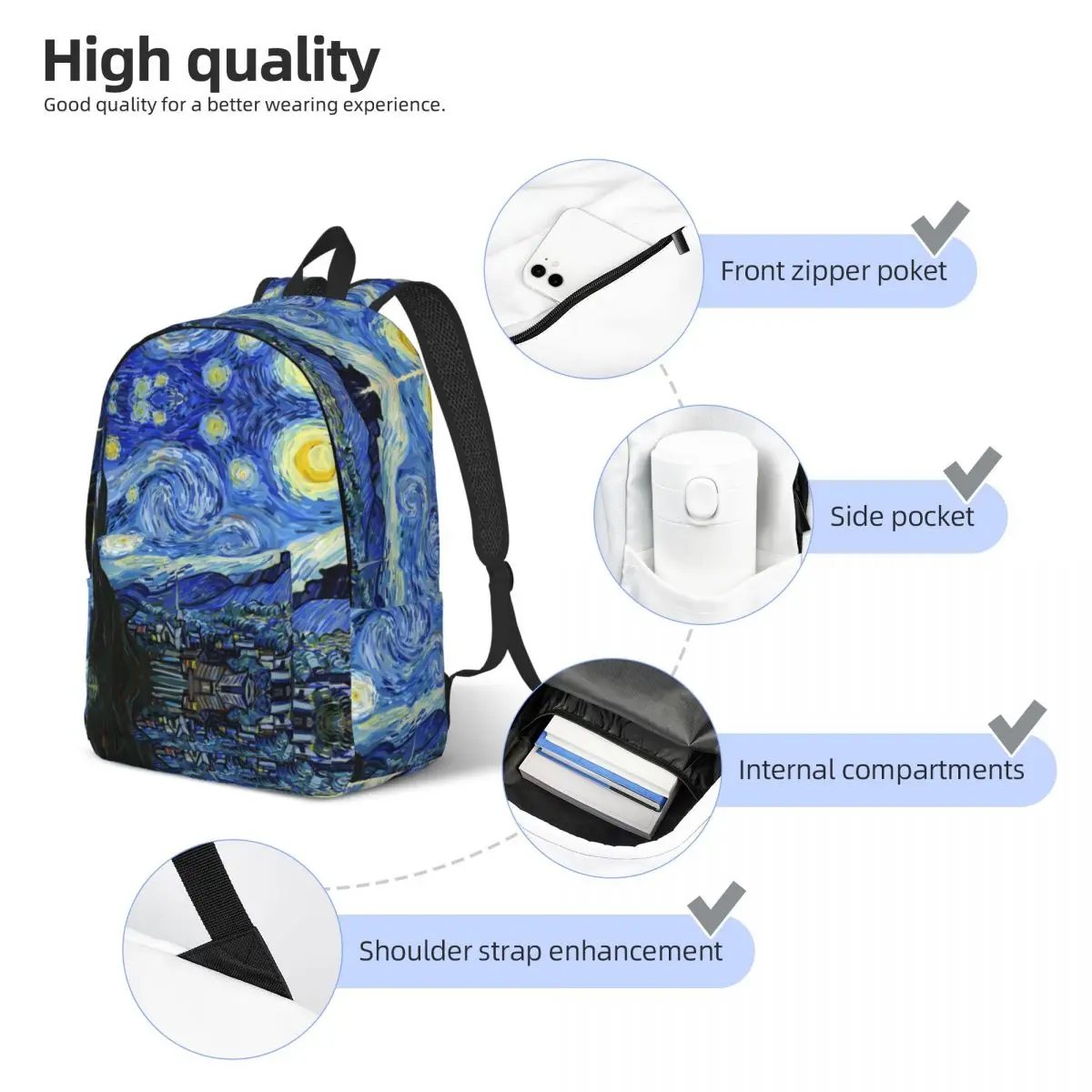 Van Gogh Painting Backpack Men Women Cool Student Hiking Travel Daypack Starry Night Laptop Computer Shoulder Bag Lightweight