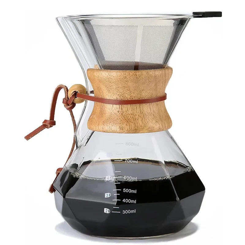 

Coffee Maker with Reusable Stainless Steel Drip Filter, Lead-Free Borosilicate Glass Coffee Carafe with Modern Wooden Diamond