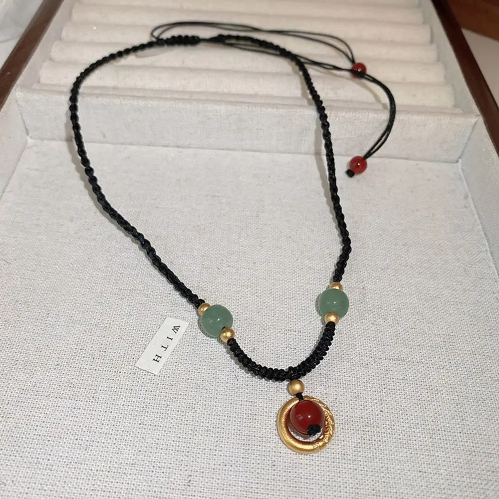 Round Chinese Style Jewelry Braided Rope Red Bead Pendant Clavicle Chain Female Necklace Gold Necklace Hetian Jade Necklace