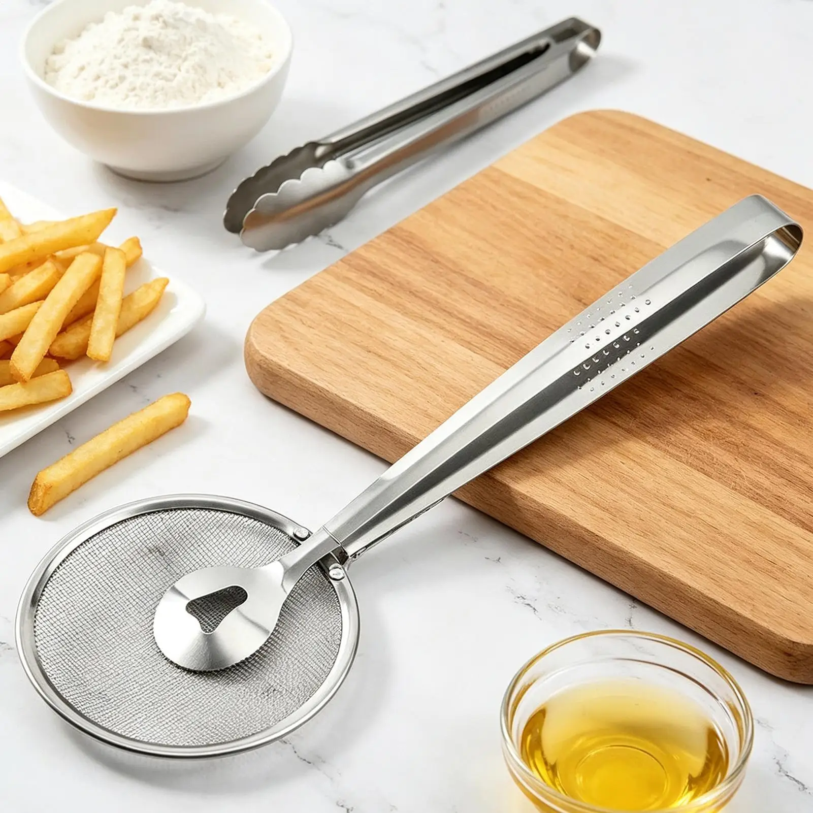 Stainless Steel Oil Filter Tongs With Fine Mesh Basket Multipurpose Kitchen Utensil Sturdy Easy To Clean Filter Spoon Clip