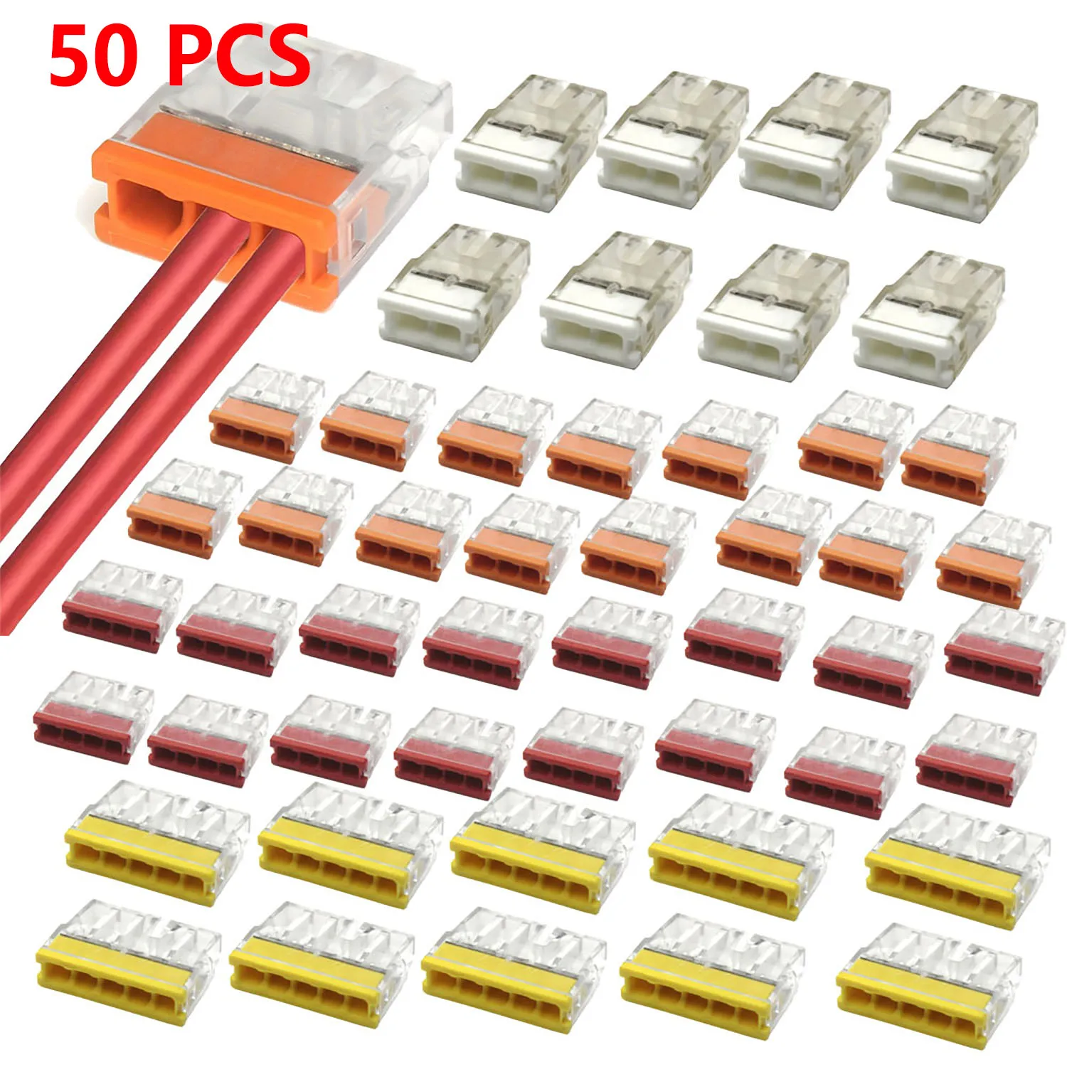 50 Mini Quick Wire Connectors with 2/3/4/5 Ports, Copper Contacts, Stainless Steel Casing, Easy Push-In Crimp Connectors for Industrial Electrical Applications (No Tools Required), Wiring Installation | Push-In Terminals | Transparent Plastic Shell