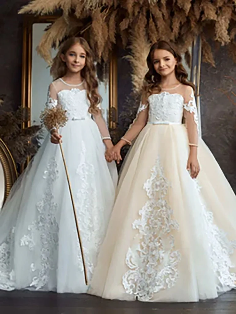 

multicolour appliques tulle Flower Girl dress white luxury kids bespoke wedding gown formal occasion elegant communion longskirt