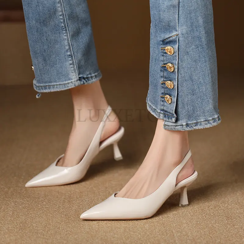 6.5CM Women\'s Shoes Lacquered Pointed Back Strap Single Shoes Daily Commuter Work Shoes Fashion Simple High Heel Sandals