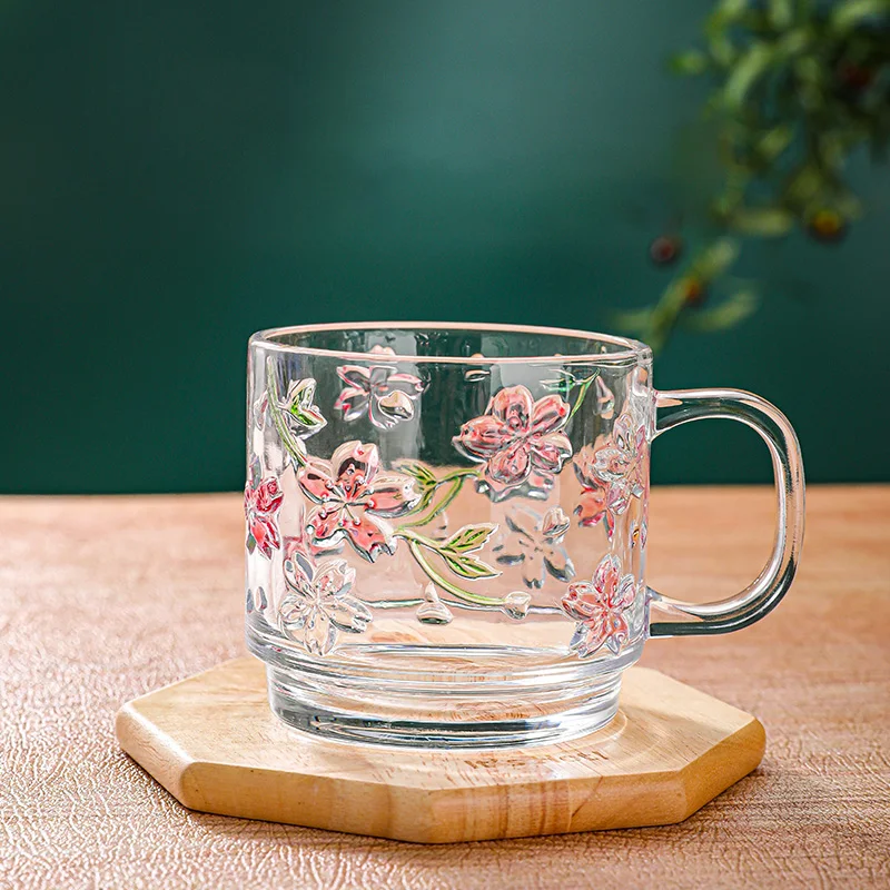 Creative Design Floral Glass Cup 460ml Transparent Stylish Carved Pattern Coffee Mug Home Use Breakfast Milk Juice Painted Cups