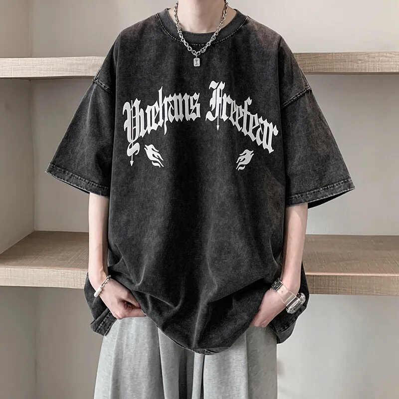 Vintage Men's Washed Cotton T-shirts White Mens Oversized T Shirt Casual Summer Wear Letter Print Tee Shirts for Men New Clothes