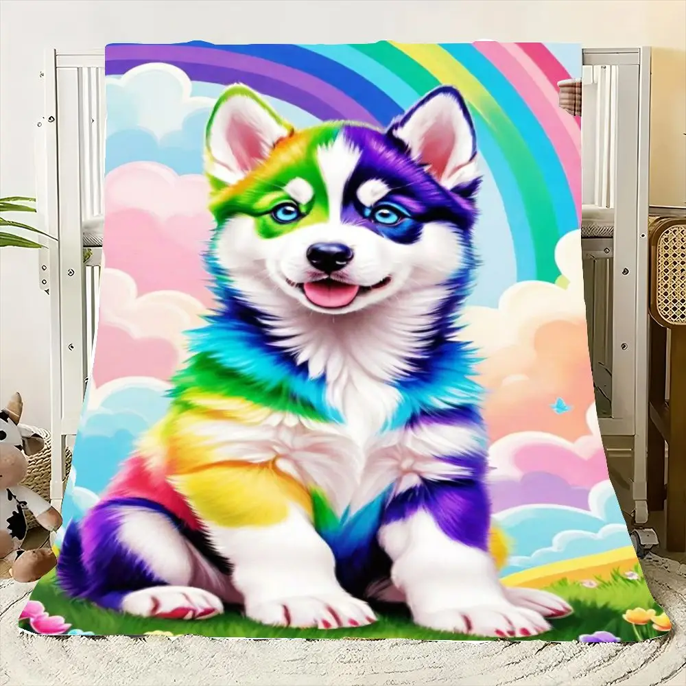 Colorful Rainbow Husky Puppy Throw Blanket - Soft and Cozy Fleece Blanket Featuring a Cheerful Husky with Vibrant Colors and Pla