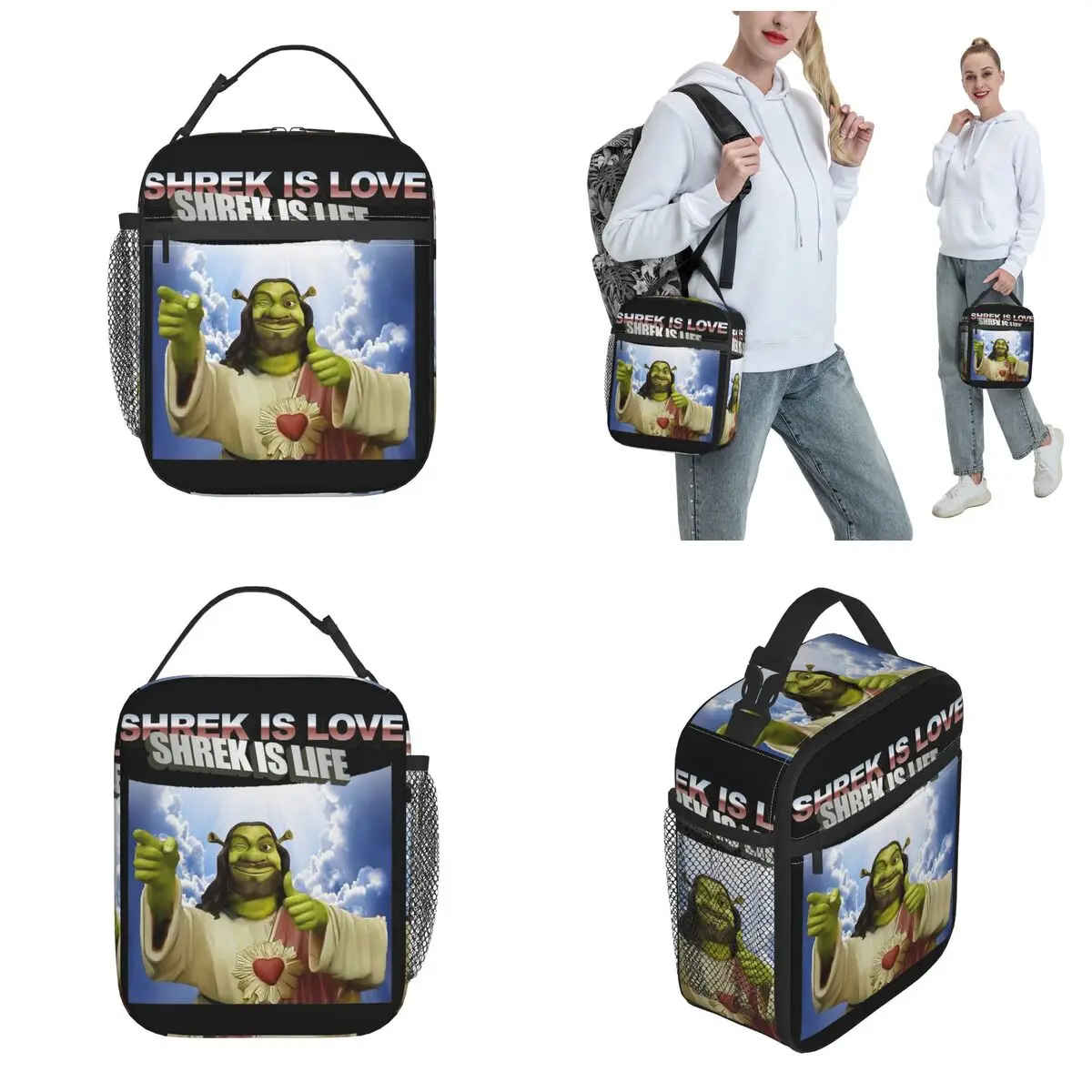 Funny Shreks Is Love Insulated Lunch Bag For School Humor Jesus Meme Food Storage Bag Portable Thermal Cooler Lunch Boxes