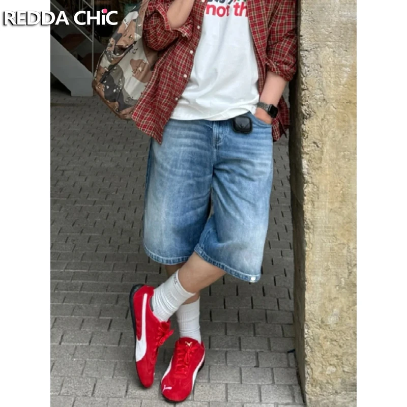 REDDACHIC Retro Whiskers Knee Long Denim Shorts Men Blank Patched Do Old Wide Leg High Waist Baggy Jeans Jorts Korean Streetwear