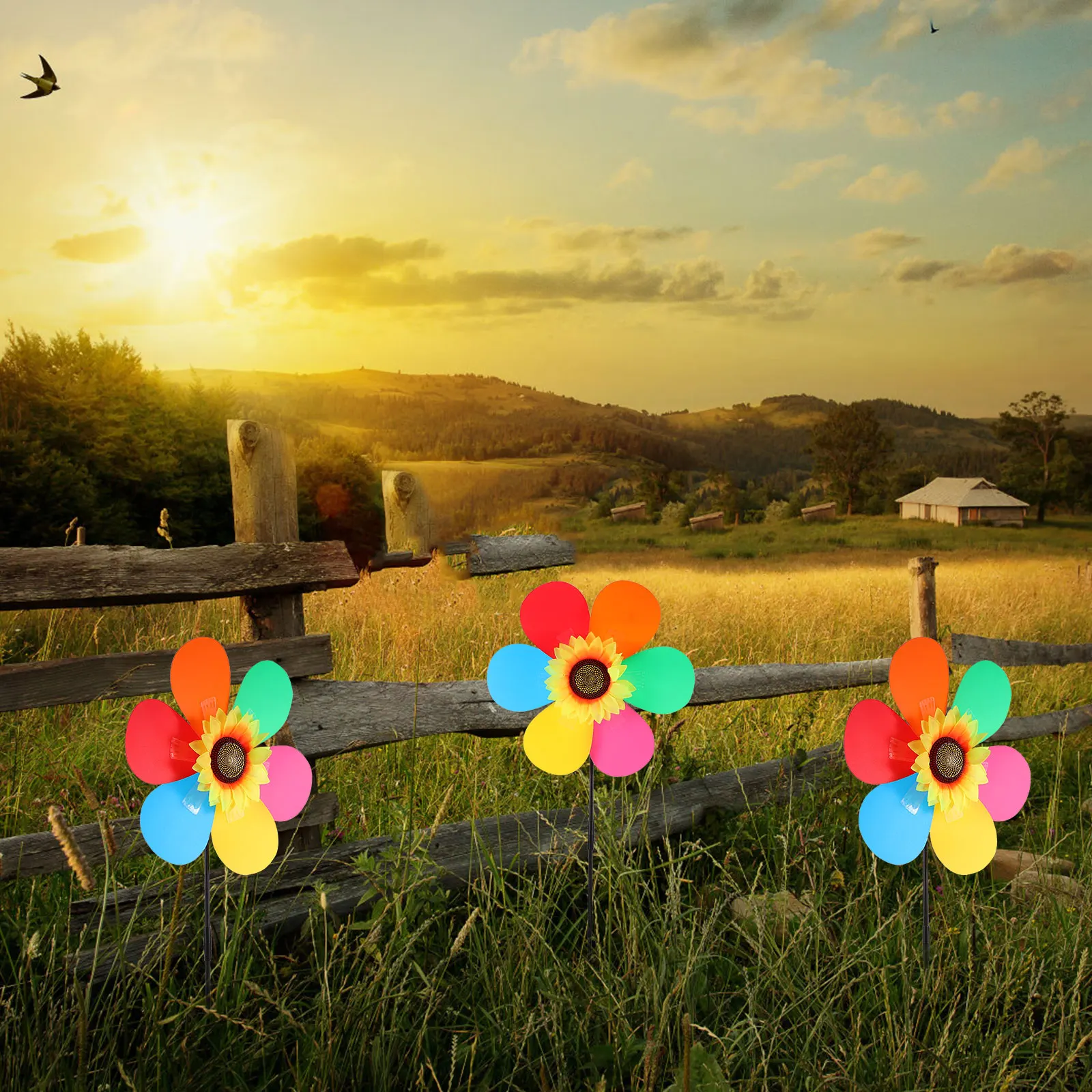 

4Pcs Sunflower Plastic Garden Lawn nament Kids Toy Outdoor Decor DIY Assembly Garden Windmill Plaything