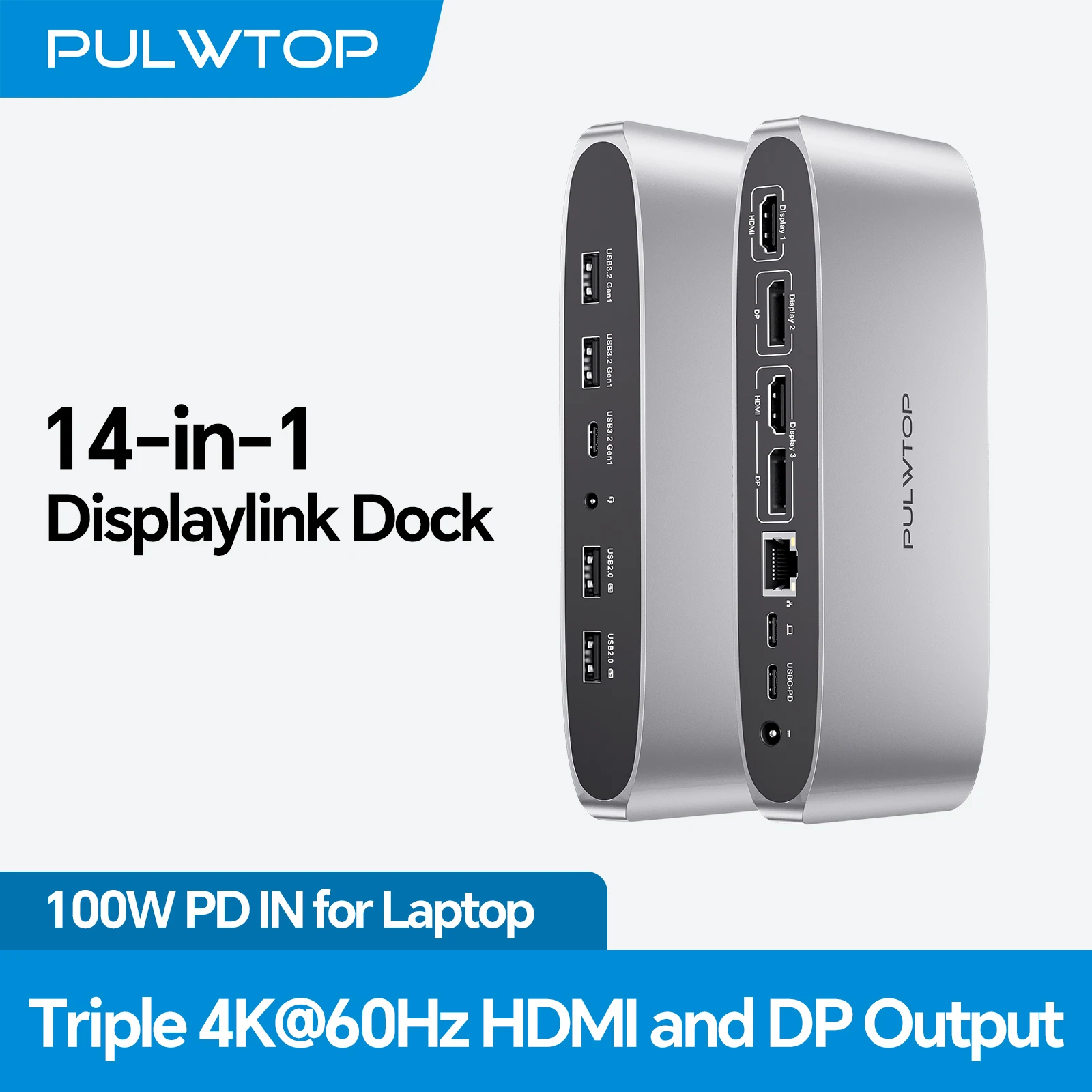 PULWTOP Triple Display DisplayLink Dock with 2 HDMI, 2 Display Port, PD, USB C Data, 4 USBA, RJ45, Audio for MacBook/Windows