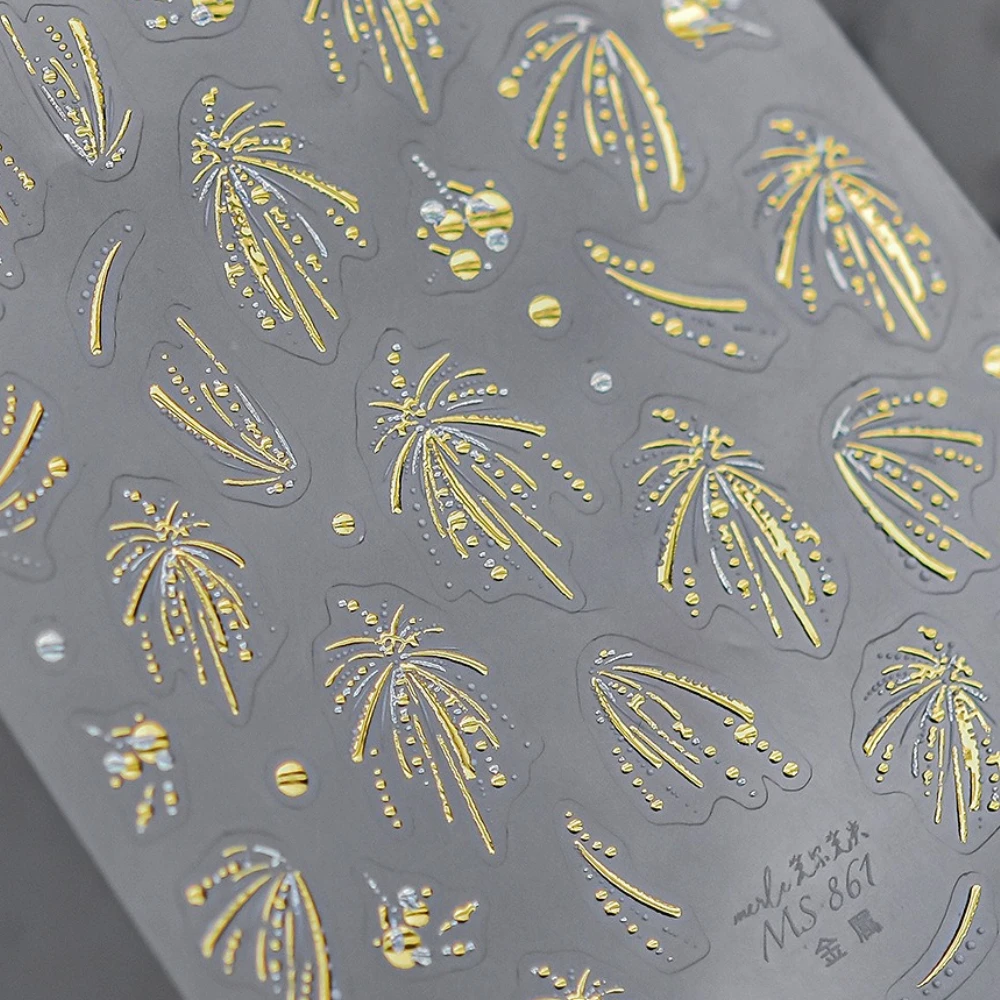 

New Year Firework Gold Stamped Red Silver Laser 3D Self Adhesive Nail Art Decoration Sticker Sparkling Manicure Decals Wholesale