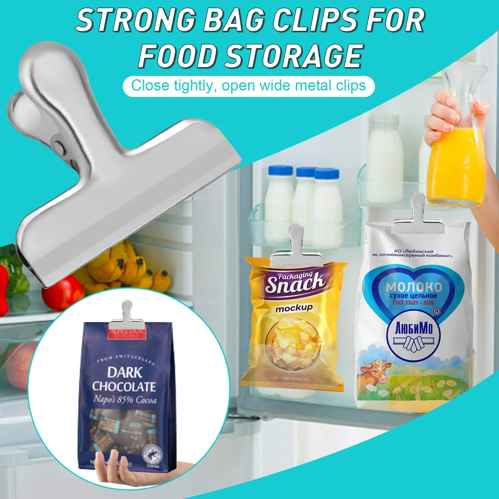 8pcs Stainless Steel Bag Clips For Food Heavy Duty Metal Silver Food Clips Office Paper Clamps Air Tight Seal Snack Clips