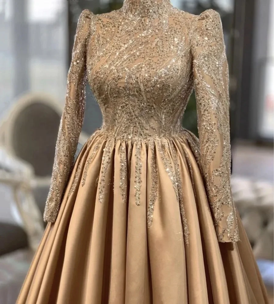 2025 Women A-line Evening Formal Dress High Collar Beaded Sequins Long Sleeves Satin Prom Party Gown Robe De Soiree