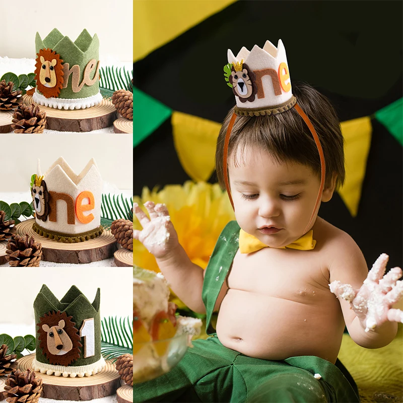 Jungle Safari Theme Kids One 1 Year Birthday Crown Animal Lion Headband Hat Boy 1st Birthday Party Supplies Baby Shower Headband