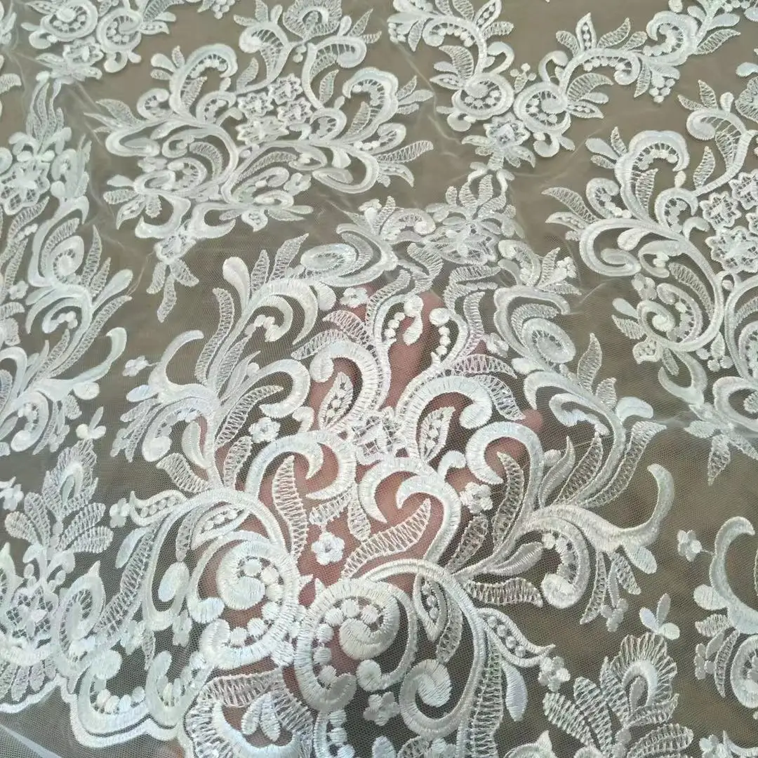 2023 Spring and summer beautiful off-white wedding dress fabric lace with sequin width 130cm sold by size