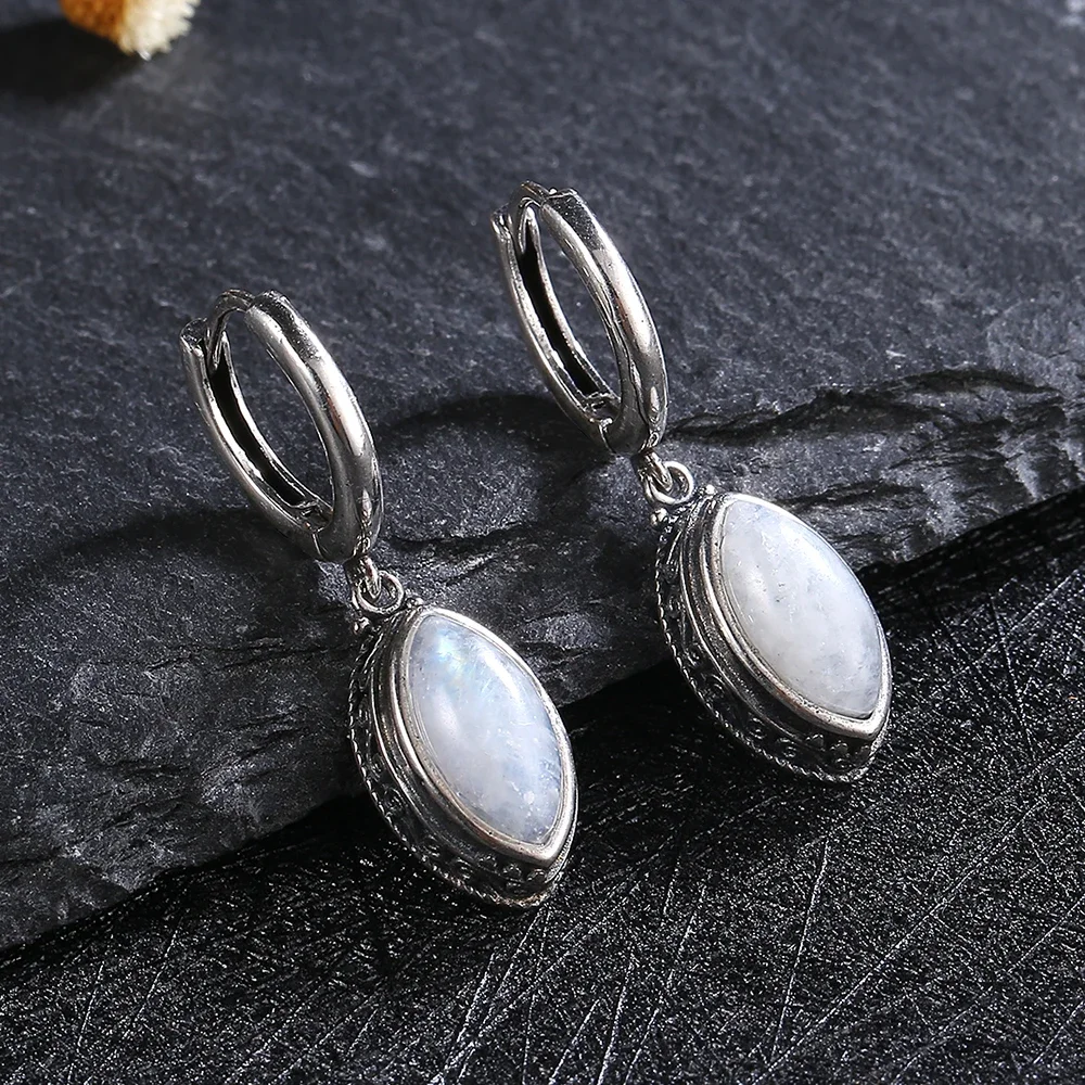 Natural Moonstone Pendant Earrings Silver Plated Jewelry for Women Fashion Retro Texture Wedding Party Accessories Gift