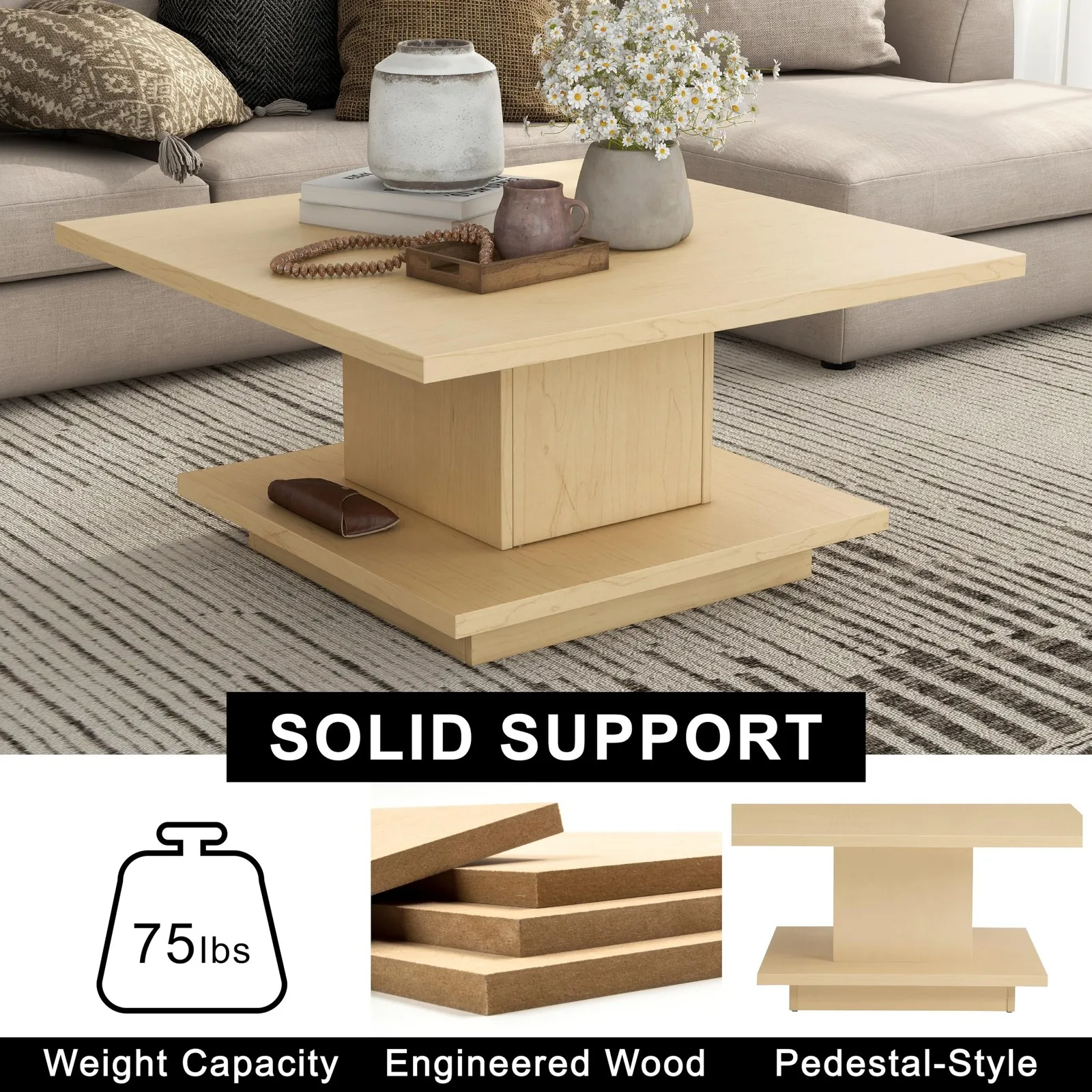 Café Tables31 Inch Square Coffee Table with Hidden Storage and Open Base Shelf Modern Design for Living Room