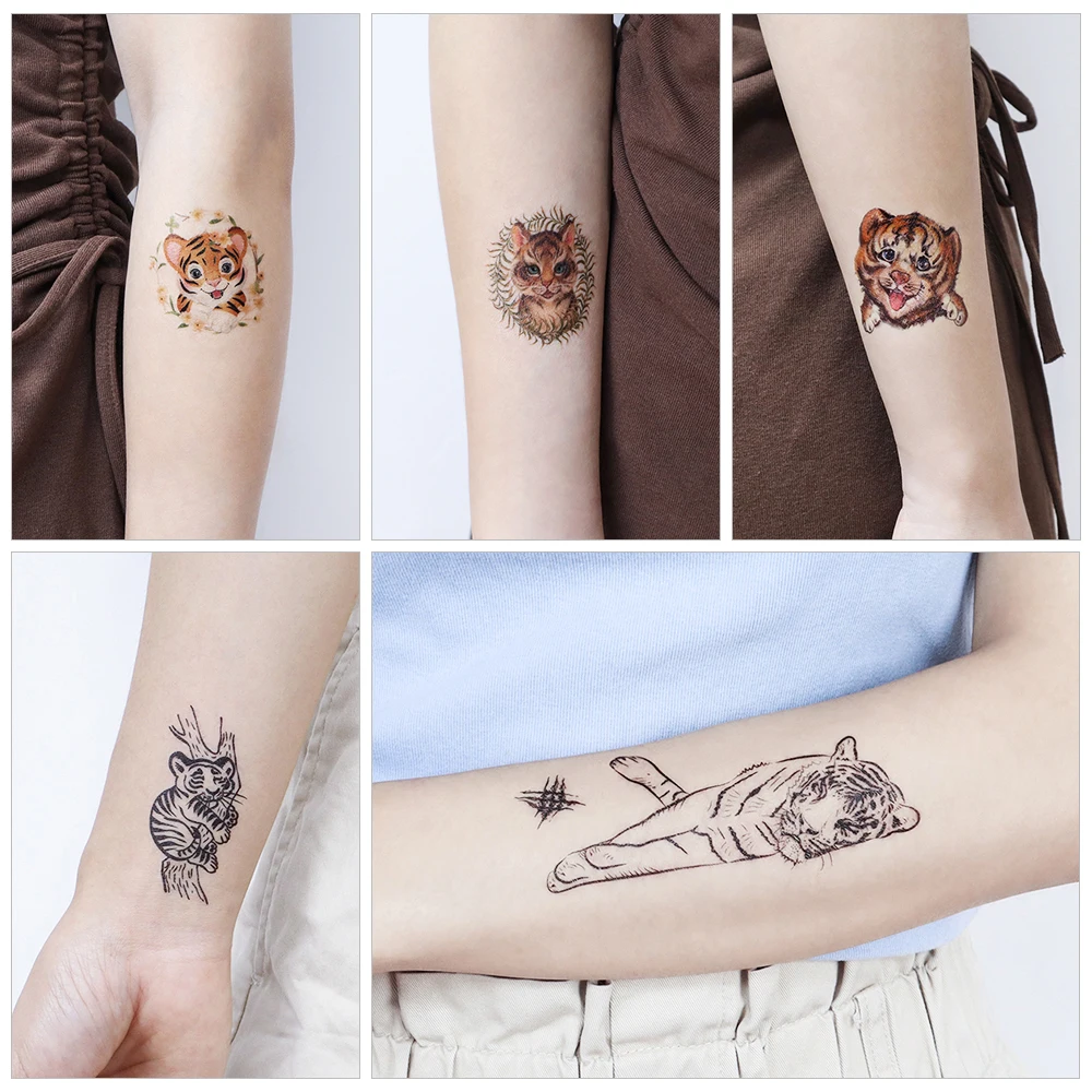 VeeCharm-pegatina de tatuaje de tigre de dibujos animados, tatuaje temporal de animales bonitos, accesorio elegante para momentos de Instagram, 1/10 hojas