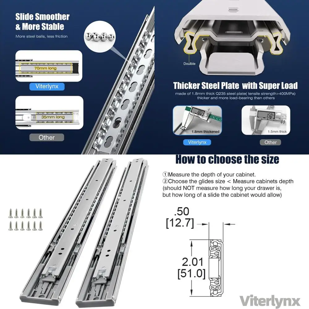 Heavy-Duty 200Lbs Capacity Slides with Ball Bearings for 28 Kitchen Cabinet Drawers (1/2 Thick)