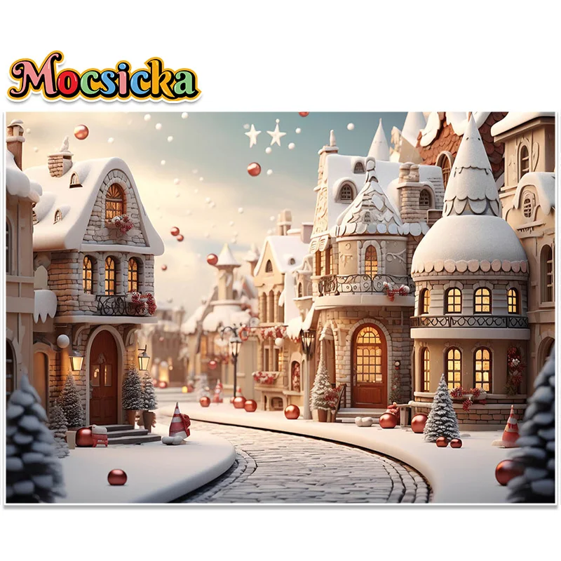 Christmas Photo Background Fairytale Town Snow Brick Road Xmas Trees Decor Backdrop Kids Adult Portrait Photography Studio Props