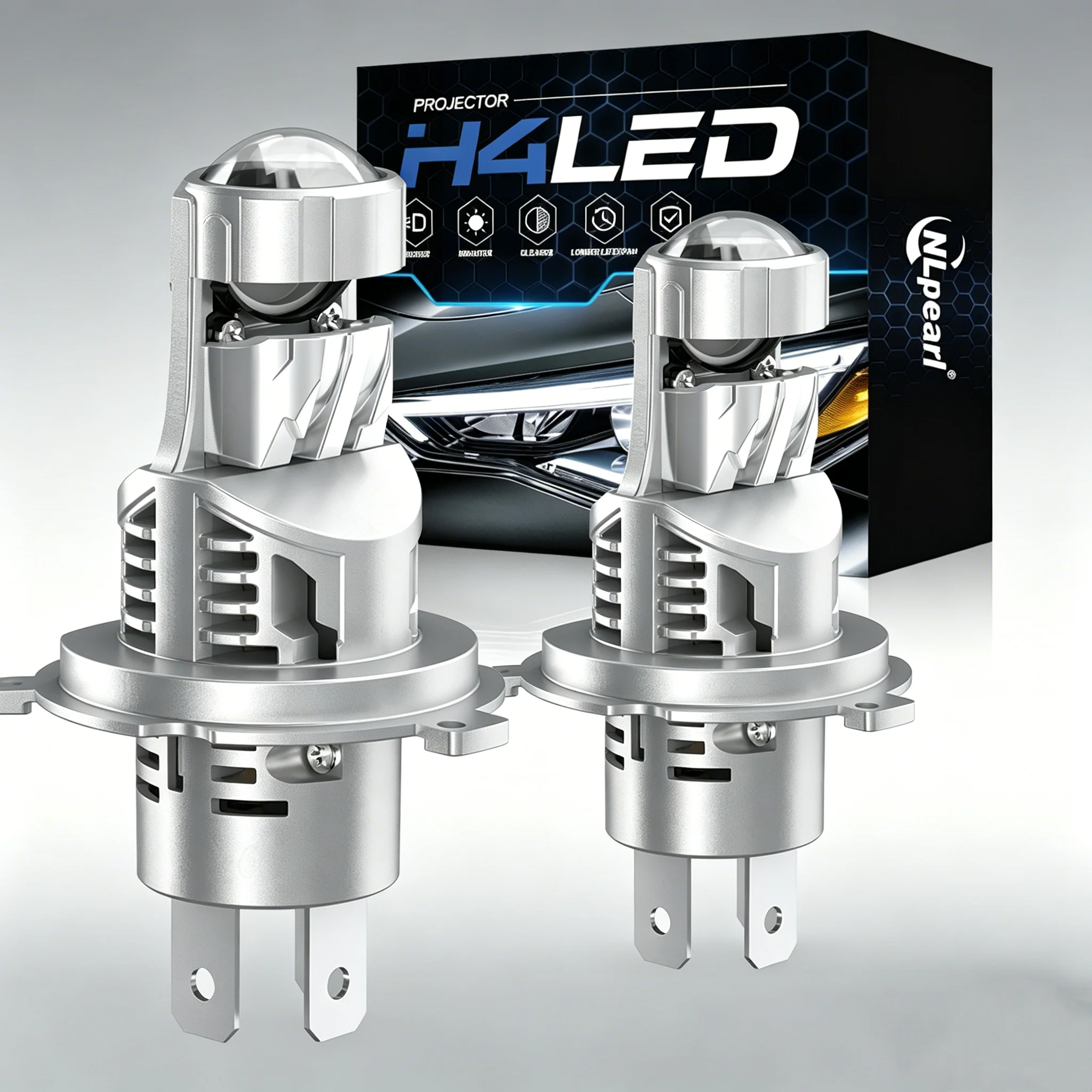 2Pcs 150W H4 High Power LED Car Headlight Canbus No Error High Low Beam With Dual Turbo Fan H4 12V 6500K 1:1 Size LED Bulb