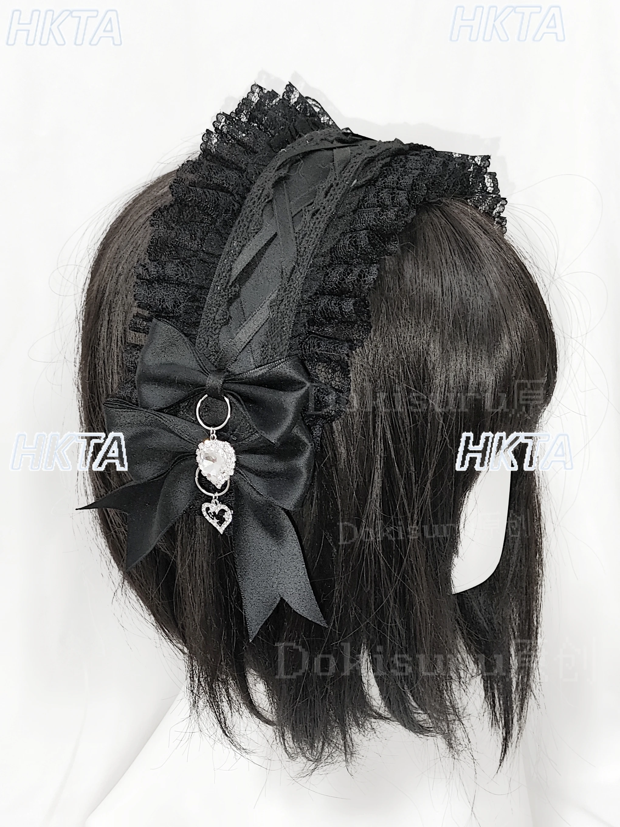 

Japanese Subculture Matte Rhinestone Love Lace Pleated Bow Headband Hairclips Lolita White Headpieces Apparel Accessories Women