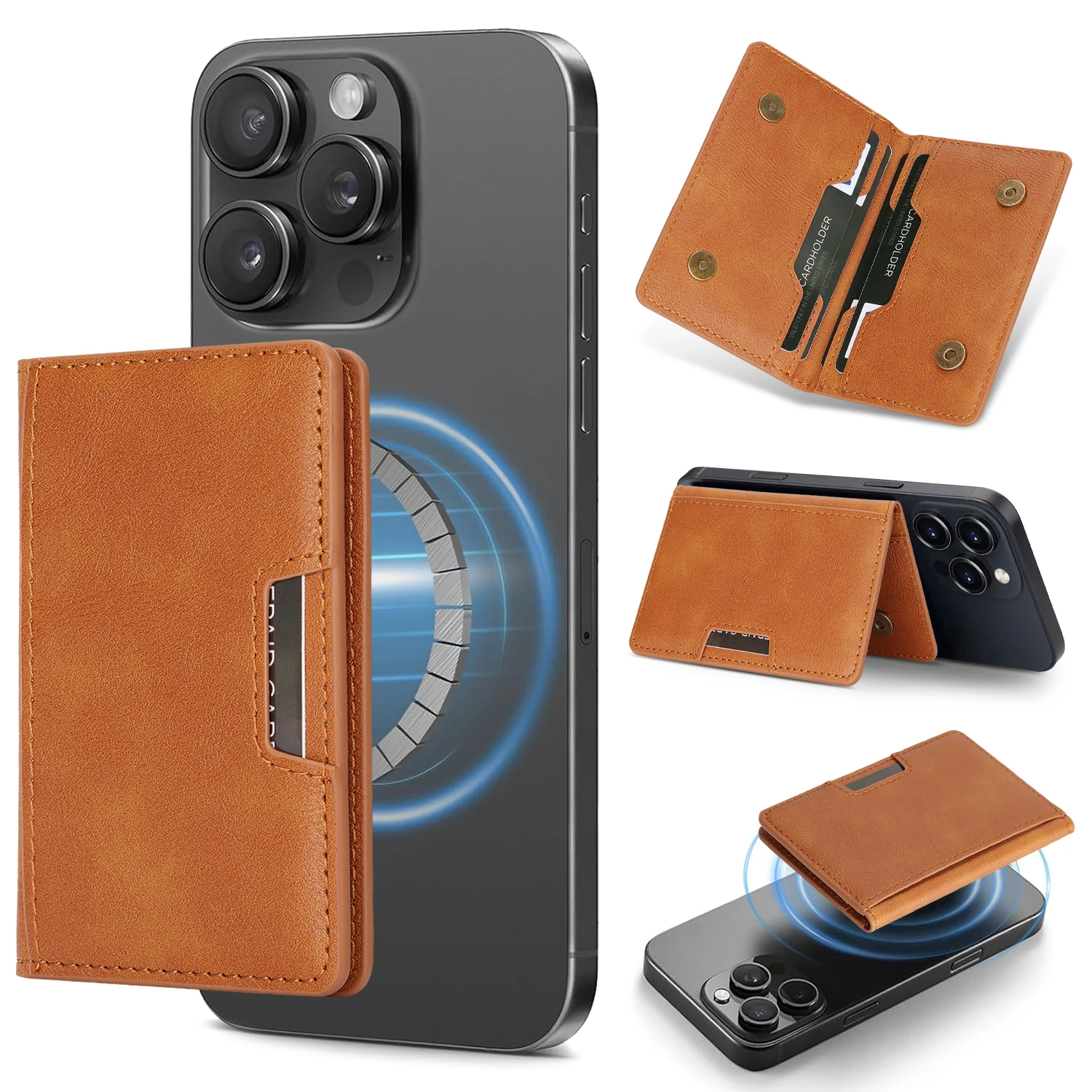 

Magnetic Wallet 4 Cards Holder Cover for iPhone 17 Air Pro Max 16 15 14 13 Leather Bag Mag-safe Case for Samsung S25 S24 Stand